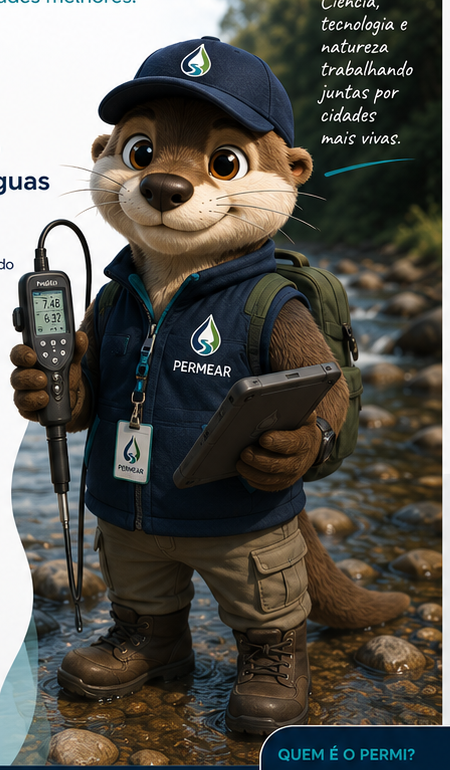 Permi, mascote da Permear, em campo com equipamentos de monitoramento ambiental.